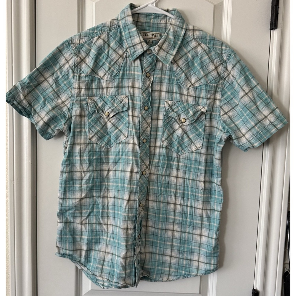 Tecovas Western Shirt Men's Medium Pearl Snap Plaid Short Sleeve Cowboy